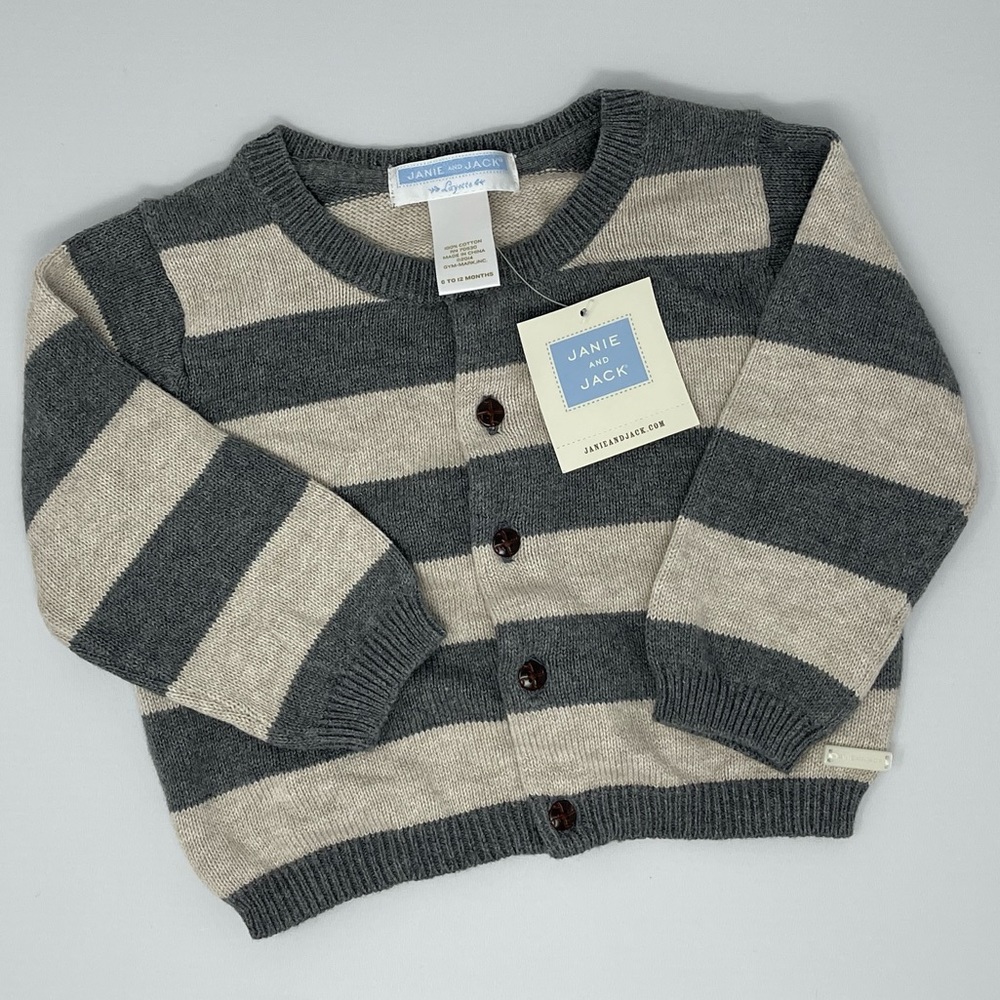 JANIE AND JACK: Gray & Tan Striped Cardigan Sweater, Size: 6-12 Months